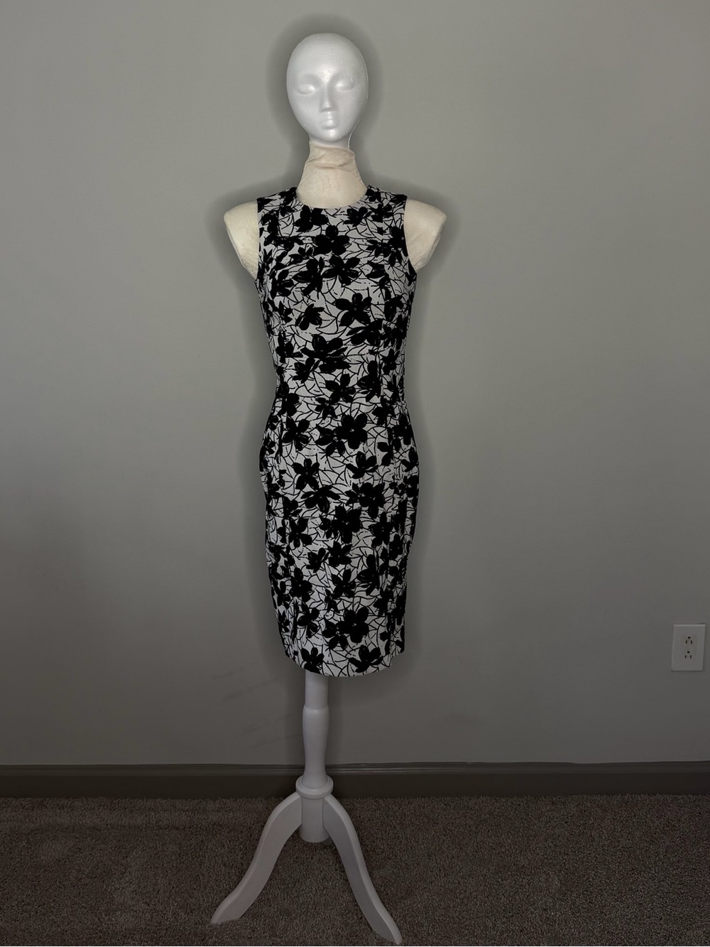 Calvin Klein Black and White Floral Midi Sheath Dress